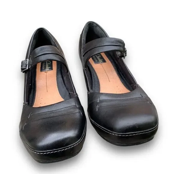 Clarks Active Air Artisan Black Leather Mary Jane Heels Shoes